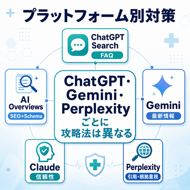 ChatGPT Search、AI Overviews、Gemini、Claude、Perplexityごとの対策を示す図