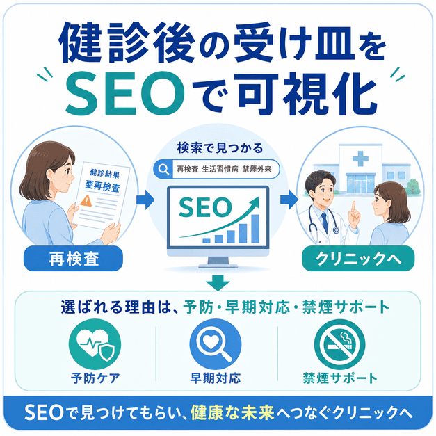 健診結果で再検査になった患者が検索を通じて生活習慣病・禁煙外来クリニックを見つける流れを示した図解