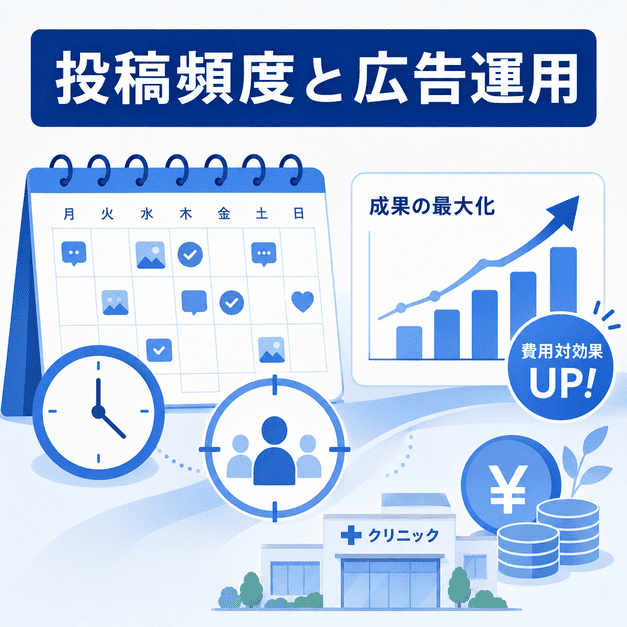 投稿カレンダー、配信時間、広告運用、費用対効果の向上を表した糖尿病クリニック向けFacebook運用イラスト