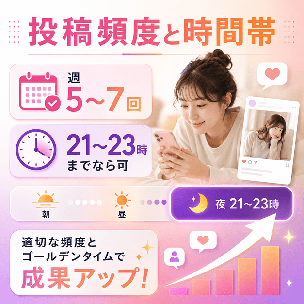 医療脱毛クリニックのInstagram投稿で重要な頻度と夜21〜23時の配信タイミングを示したイラスト