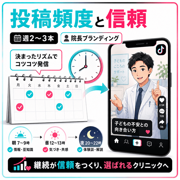 投稿頻度や配信タイミング、院長ブランディングで信頼を積み上げる様子を表したイラスト