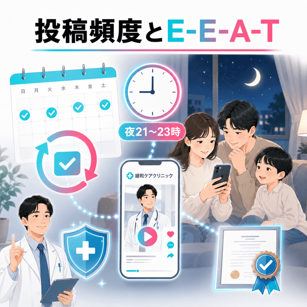 投稿頻度、夜の配信タイミング、E-E-A-T訴求を組み合わせて運用品質を安定させる様子