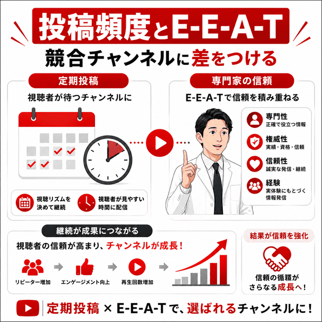 投稿頻度とタイミングを整え、医師の専門性や信頼性を動画で積み重ねる運用イメージ