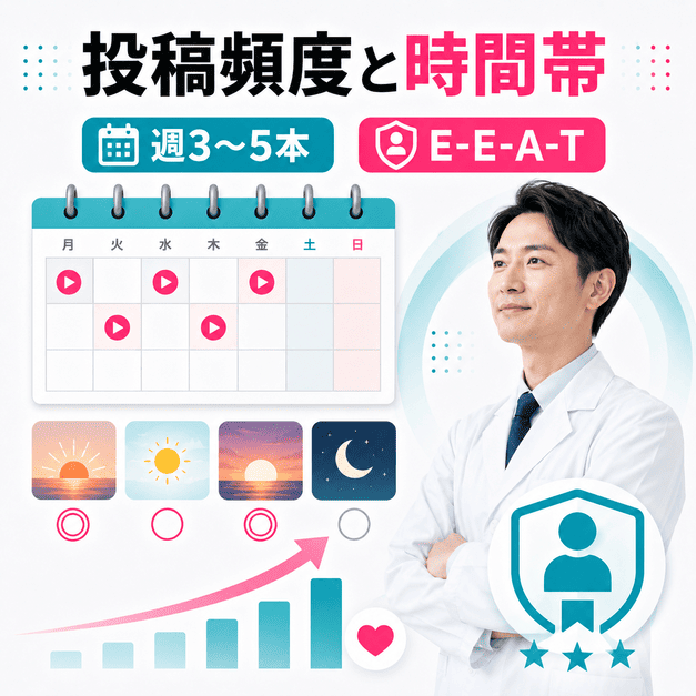 投稿頻度や時間帯、E-E-A-T訴求を組み合わせて視聴者の信頼を積み上げる図解