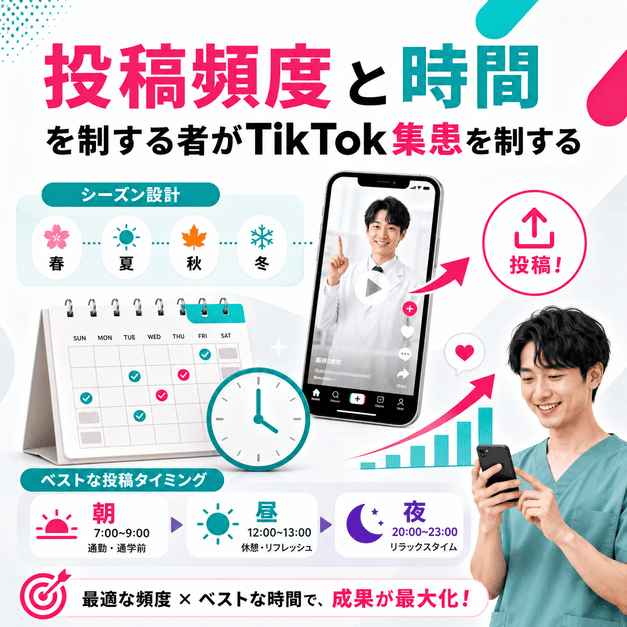投稿頻度と投稿時間を設計し、若年層へのTikTok集患効果を高める様子を示したイラスト