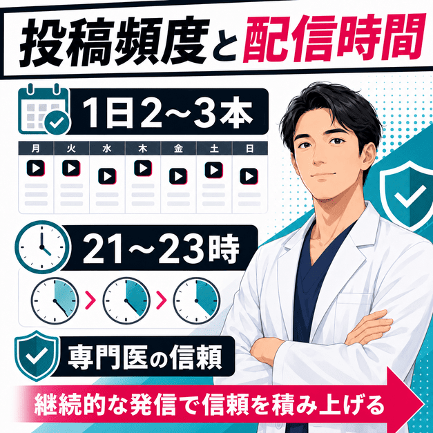 投稿頻度、配信時間、専門医の信頼性を組み合わせて継続的に信頼を積み上げる様子を示したイラスト