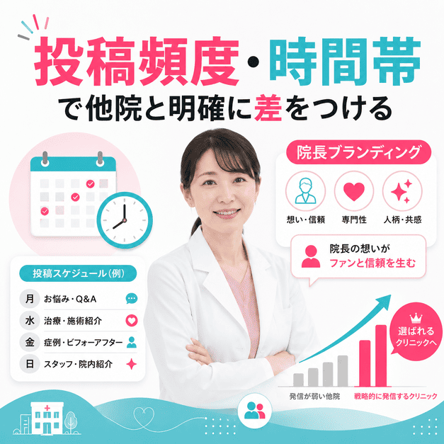 女性医師の院長ブランディングと投稿頻度、投稿時間帯、成長グラフを組み合わせたイメージ