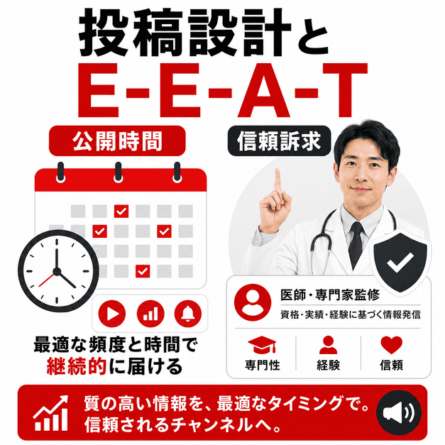 投稿頻度や公開時間を調整し、医師監修や専門性の訴求によってE-E-A-Tを高める運用設計の図