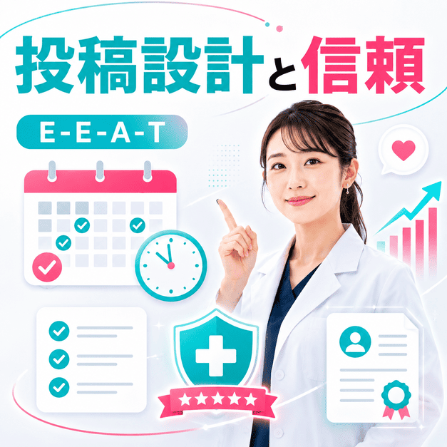 投稿頻度や配信タイミング、E-E-A-Tによってレディースクリニックの信頼を積み上げる運用設計を表したイラスト