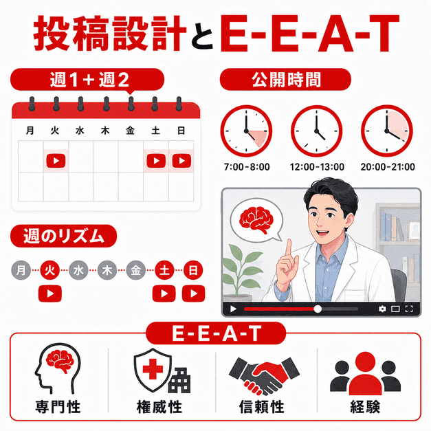 投稿頻度、公開時間、E-E-A-T訴求を組み合わせて、保護者に信頼される動画運用を行う様子を示したイラスト