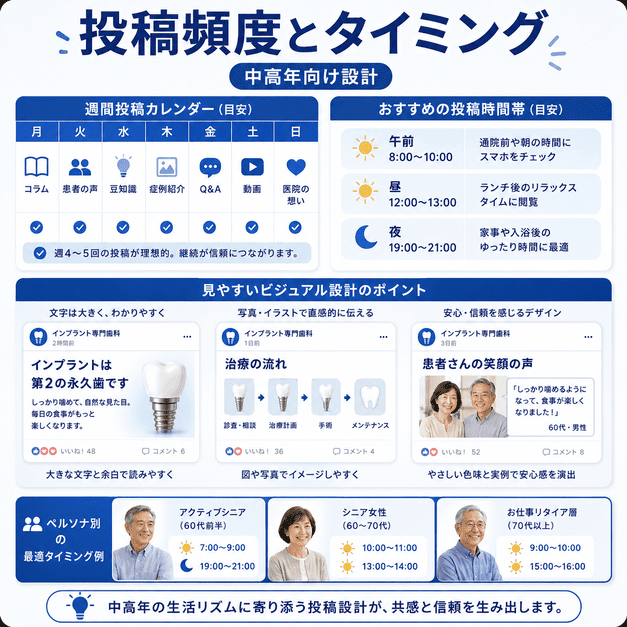中高年ペルソナに合わせた投稿頻度・配信時間・見やすいビジュアル設計をまとめた図解