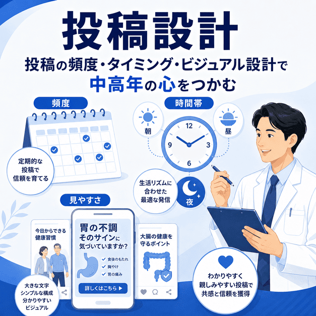 中高年に届くFacebook投稿設計を、投稿頻度、配信時間帯、見やすいビジュアル、医師の計画作成で表したイラスト