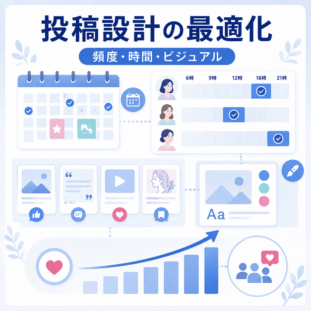 投稿頻度、配信時間、ビジュアル設計を最適化して反応率を高めるSNS運用のイラスト