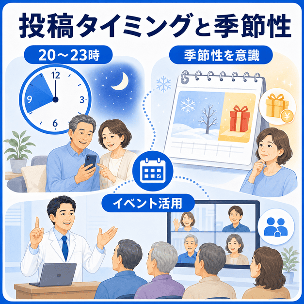 投稿時間、季節性、イベント活用を組み合わせて中高年層に届けるFacebook運用を示したイラスト