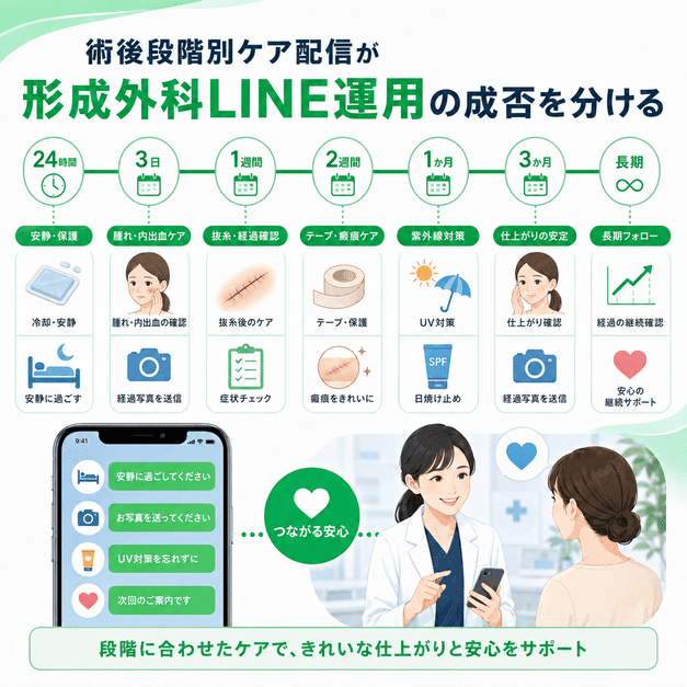 形成外科の術後24時間から長期フォローまで段階別にLINEでケア配信する流れを示したイラスト