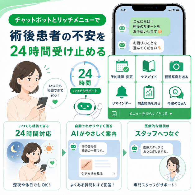 術後患者の不安に対応するチャットボットとリッチメニューの機能をスマートフォン画面で示したイラスト