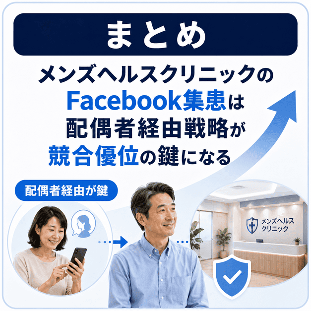 配偶者経由の相談がメンズヘルスクリニックの競合優位につながることをまとめたイラスト