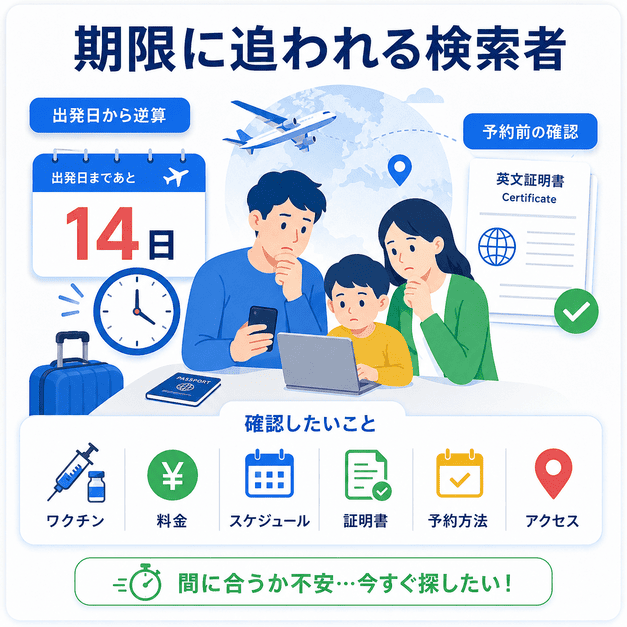 海外渡航前にワクチンや英文証明書を急いで確認する検索者の不安と予約前確認項目を示すイラスト