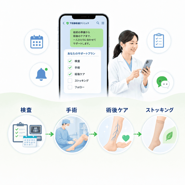 術前検査から日帰り手術、術後ケア、弾性ストッキング着用までをLINEで段階的に案内するイメージ