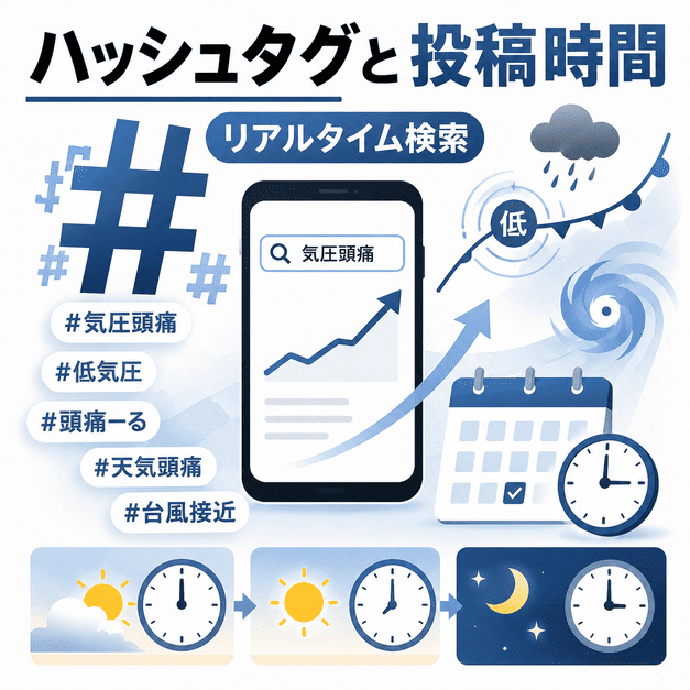 気圧頭痛のリアルタイム検索を狙い、ハッシュタグと投稿時間を組み合わせる戦略を示したイラスト