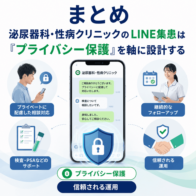 泌尿器科・性病クリニックのLINE集患をプライバシー保護を軸に設計し、信頼される運用へつなげるまとめイラスト