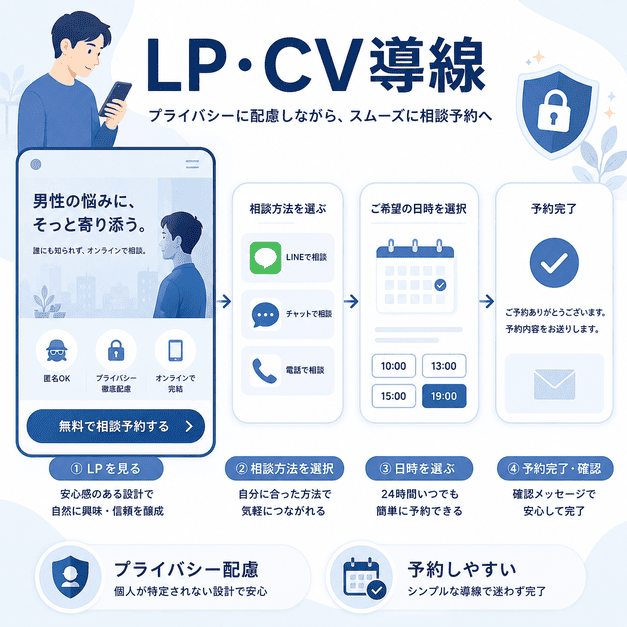 プライバシーに配慮したLPから相談方法選択、日時選択、予約完了までのCV導線を示したイラスト