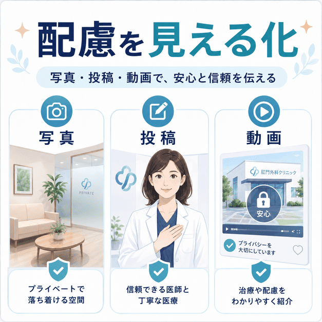 写真・投稿・動画で肛門外科クリニックのプライバシー配慮や安心感を見える化する方法を示した図解