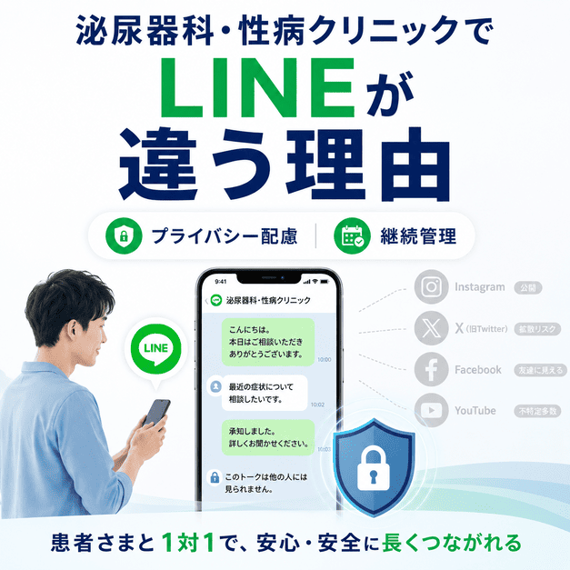 LINEが他のSNSと異なり、泌尿器科・性病クリニックで1対1のプライバシー配慮と継続管理に使われることを示したイラスト