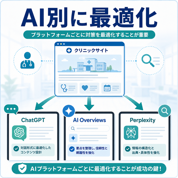 ChatGPT・AI Overviews・Perplexityなど、AIプラットフォームごとに対策を最適化する流れを示した図解