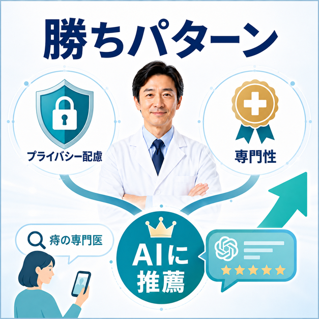 プライバシー配慮と肛門外科専門医としての専門性を組み合わせ、AI検索で推薦される勝ちパターンを示した図解