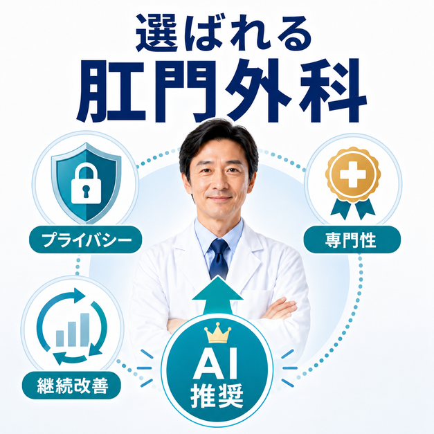 プライバシー配慮・専門性・継続改善を組み合わせ、AI時代に選ばれる肛門外科を目指す総まとめ図