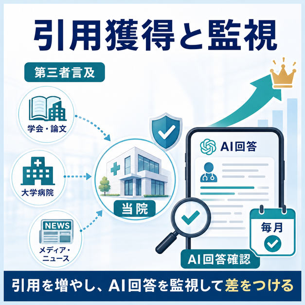 学会・大学病院・メディアからの第三者言及を増やし、AI回答を定期的に確認する施策を示した図解