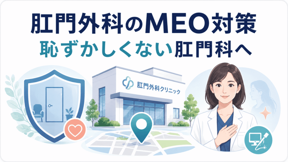肛門外科クリニックのMEO対策として、専門性・プライバシー配慮・女性医師対応を打ち出す重要性を示したアイキャッチ画像