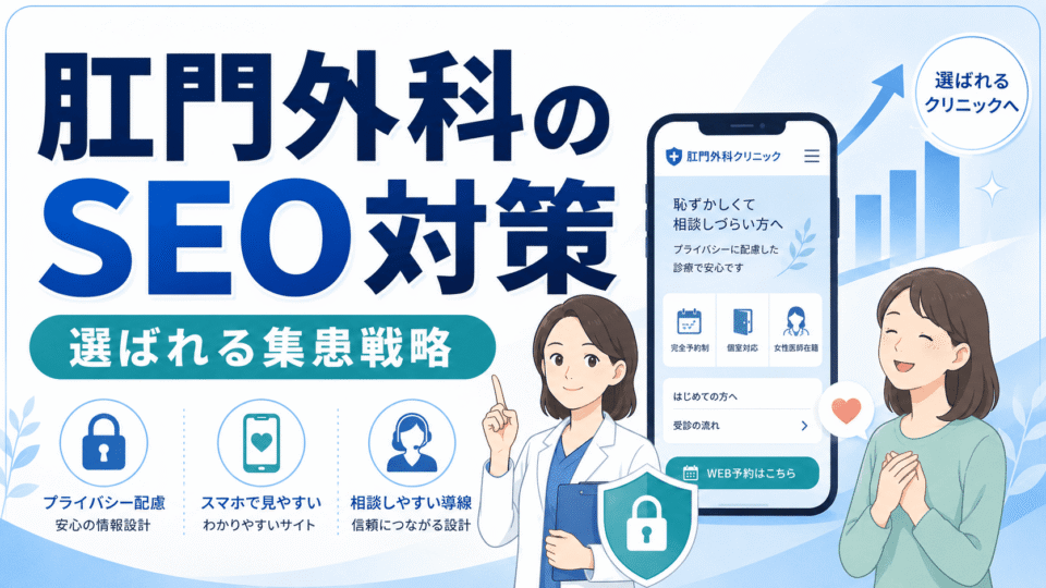 肛門外科クリニックのSEO対策で、プライバシー配慮やWeb予約導線により患者の受診ハードルを下げる集患戦略を表したアイキャッチ画像