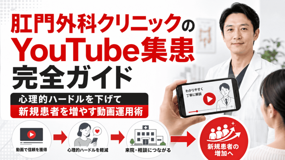 肛門外科クリニックのYouTube集患をテーマに、医師の動画解説とスマホ視聴から新規患者の相談につながる流れを表した画像