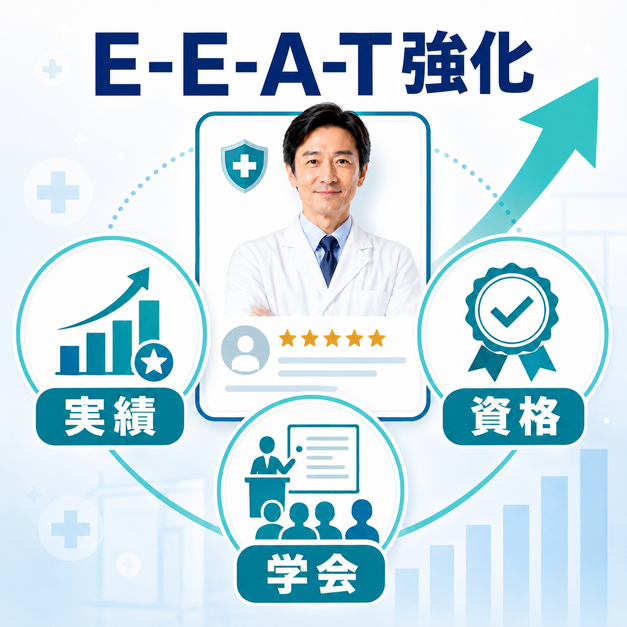 実績・資格・学会活動を通じて肛門外科専門医のE-E-A-Tを高め、信頼を積み上げる流れを示した図解