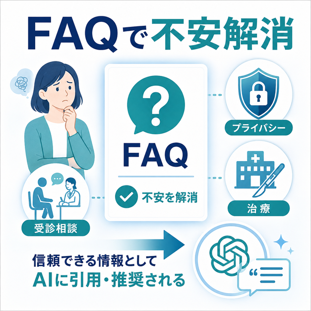 患者の不安に寄り添うFAQやプライバシー・治療ガイドが、AI引用につながることを示した図解
