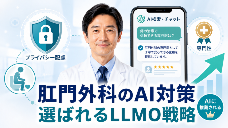 肛門外科クリニックがAI検索で選ばれるためのLLMO戦略を、医師・AIチャット・プライバシー配慮・専門性の要素で表したアイキャッチ画像