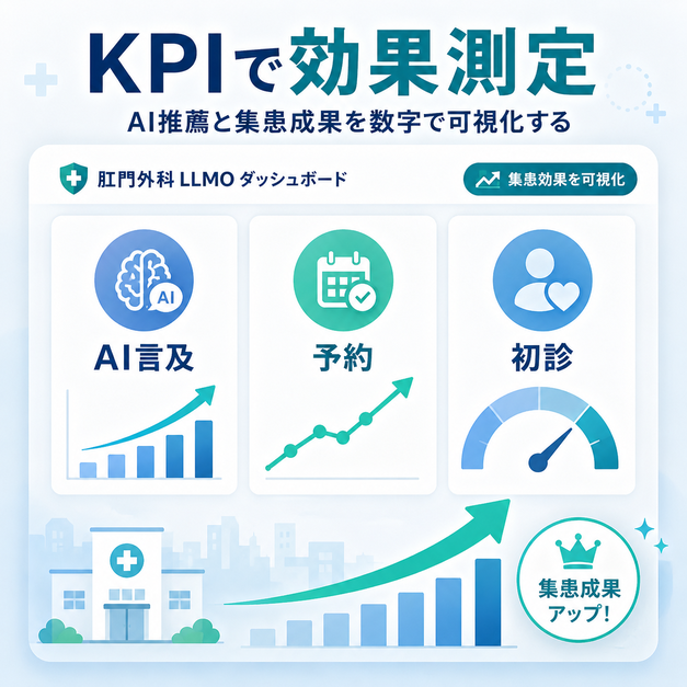 AI言及・予約・初診などのKPIを可視化し、肛門外科LLMOの集患効果を数字で追う図解