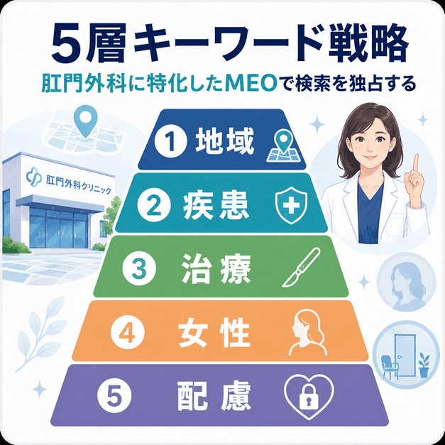 肛門外科のMEOで地域・疾患・治療・女性・配慮の5層キーワードを設計する考え方を示した図解