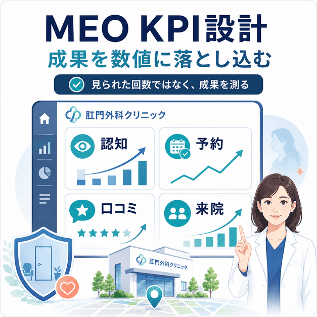 肛門外科クリニックのMEO成果を認知・予約・口コミ・来院のKPIで測定する考え方を示した図解