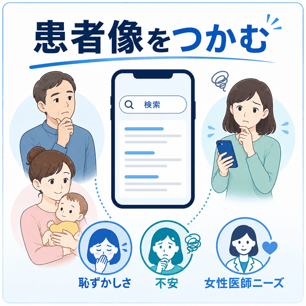 肛門外科を探す患者像として、恥ずかしさ・不安・女性医師ニーズなどの検索意図を整理した図