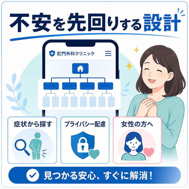 肛門外科クリニックのサイト構造で、症状から探す導線やプライバシー配慮ページにより患者の不安を先回りして解消する図