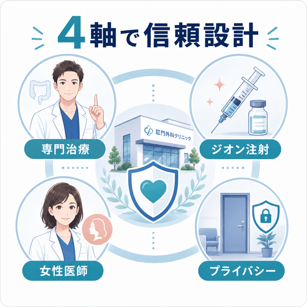 専門治療・ジオン注射・女性医師・プライバシー配慮の4軸で信頼される肛門外科を設計するまとめ図
