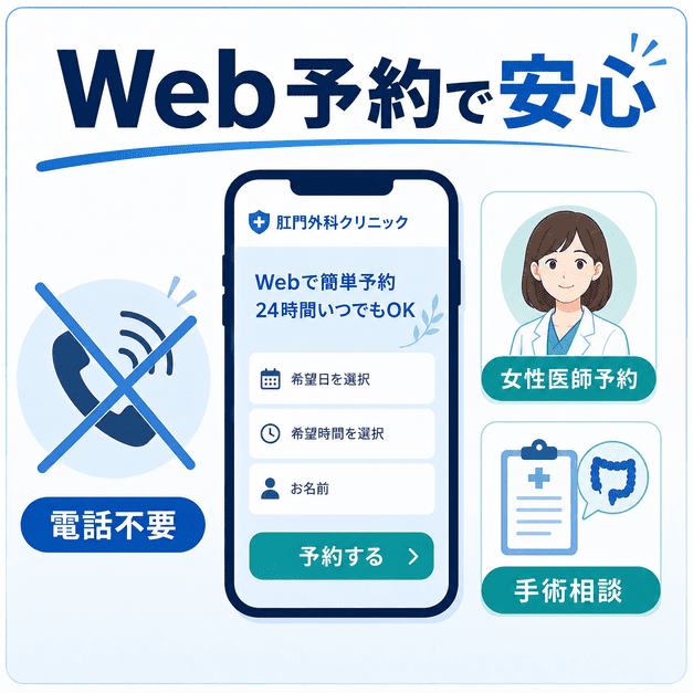 電話不要のWeb予約、女性医師予約、手術相談の導線で肛門外科の受診しやすさを高める図
