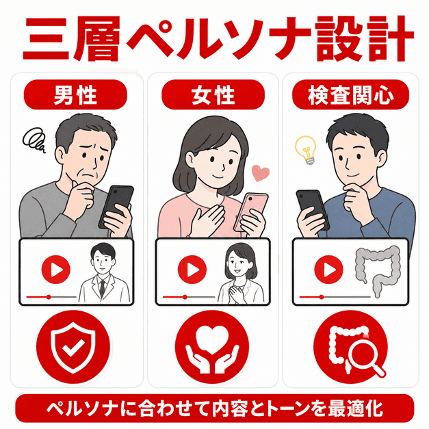 男性・女性・大腸検査関心層の三層ペルソナに合わせてYouTube動画内容を設計する様子を表したイラスト
