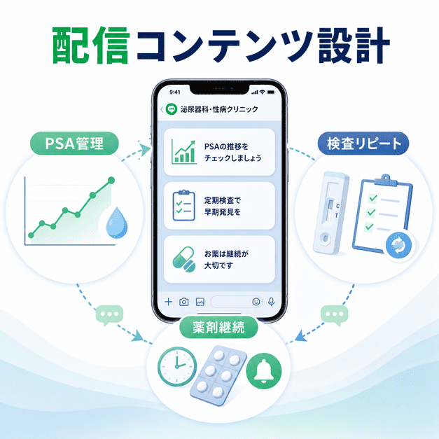 PSA管理、性病検査リピート、薬剤継続をLINE配信コンテンツとして設計する流れを示したイラスト