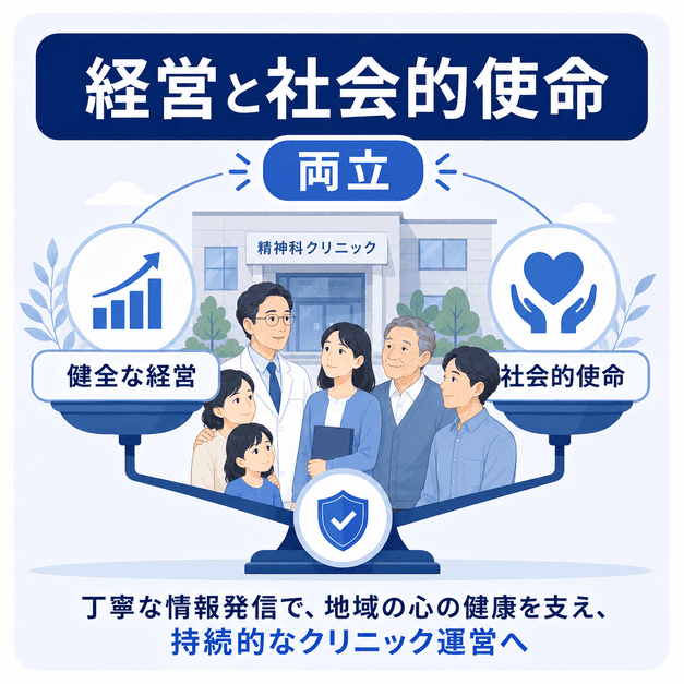 精神科クリニックがFacebook集患を通じて健全な経営と社会的使命を両立する様子を示すイラスト