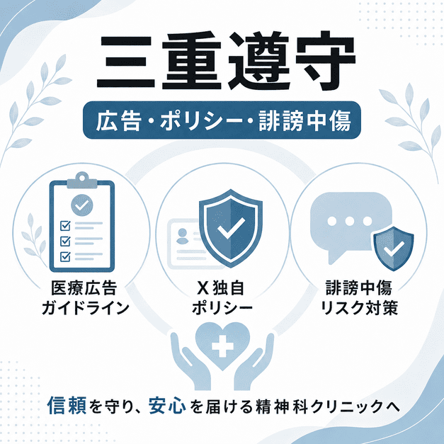 医療広告ガイドライン・Xポリシー・誹謗中傷対策の三重遵守を示すイラスト