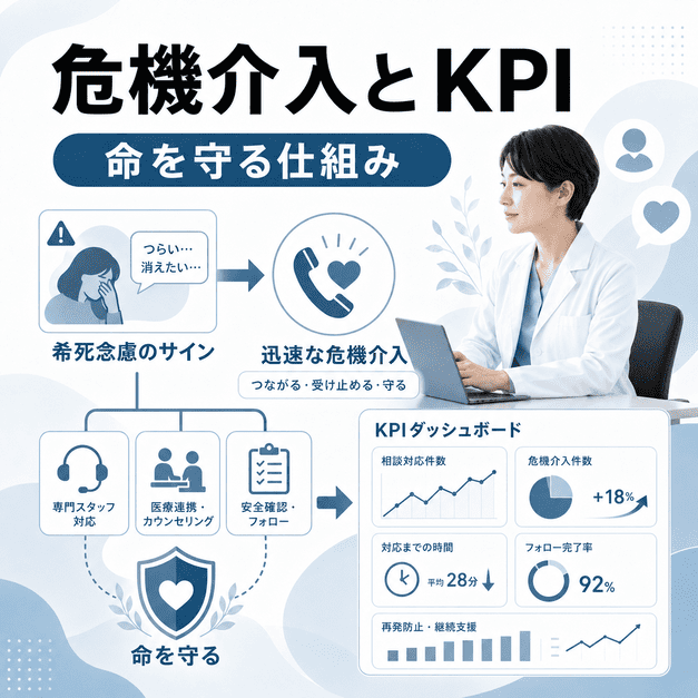 希死念慮への危機介入とKPIダッシュボードで命を守る運用体制を示すイラスト